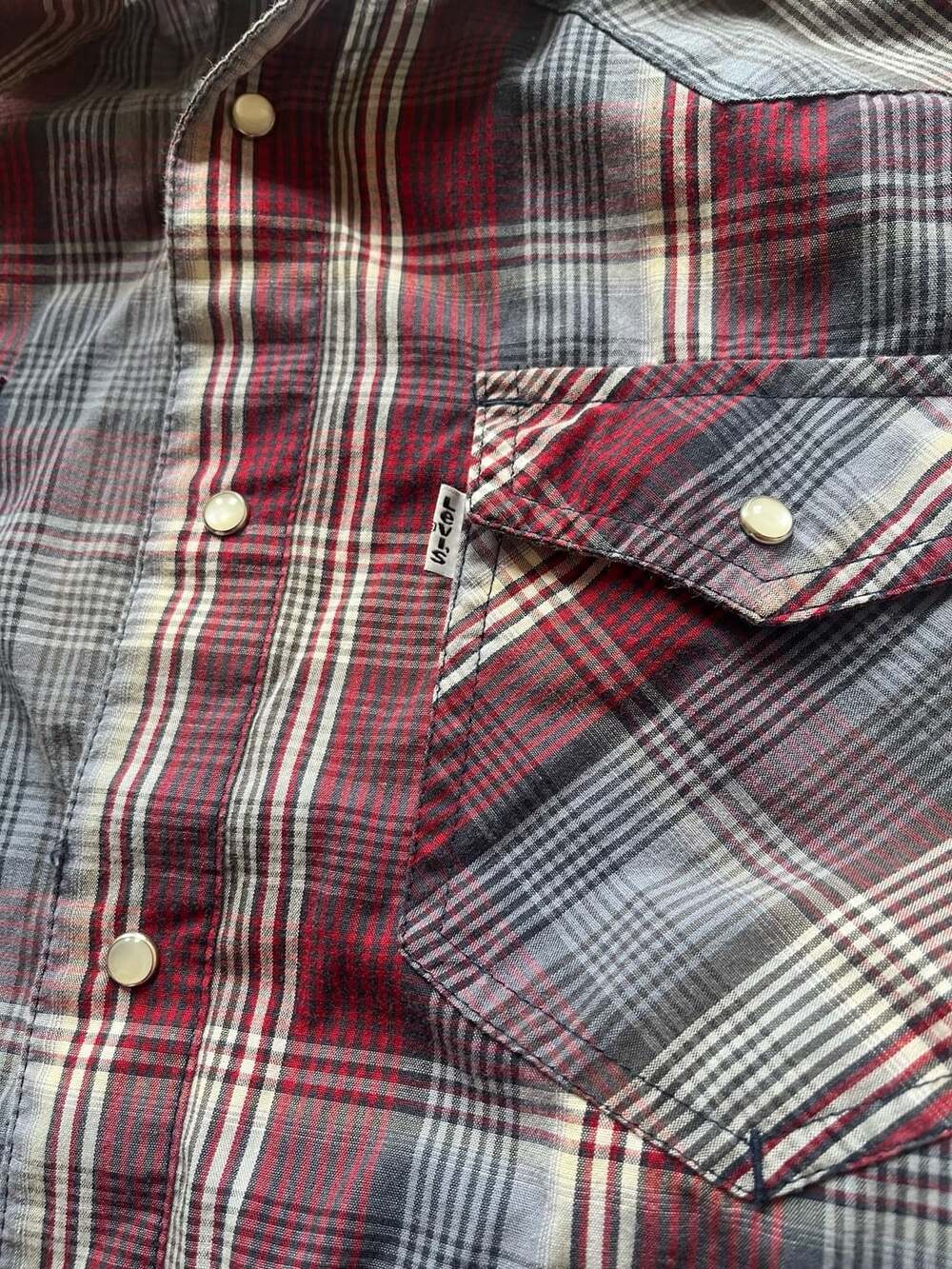 Levi's Red Blue Grey Plaid Western Pearl Snap Long Sleeve Shirt Men's Small